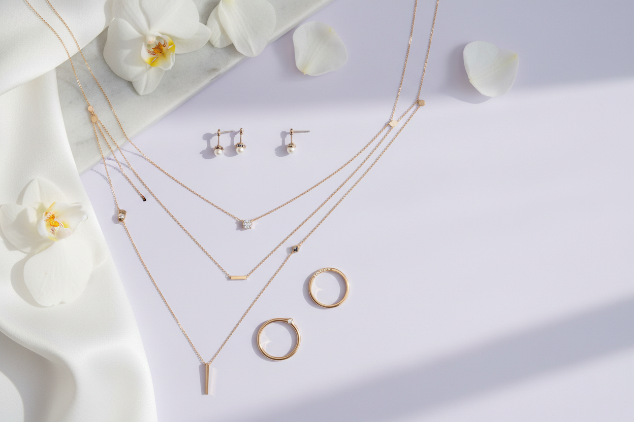 need a panel photos of the jawelleries 
they should be minimal ones, without big pieces 
the backround should be a very vety light violet with white elements 
please put the jawelleries in a luxury manier